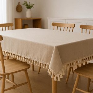 2 Rectangle Cotton Linen Tablecloth Dustproof Tassel Border Table Cover Minimalist Kitchen Dining Room Table Clothes