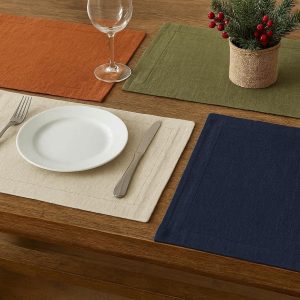 Double Layer Cotton Linen Place Mats Wrinkle Resistant Solid Color Farmhouse Table Mats for Holiday Family Dinner