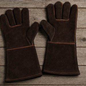 Leather BBQ Grilling Gloves Heat Resistant Fireplace Welding Mitts Heavy Duty Work Gloves for Outdoor Charcoal Smoker